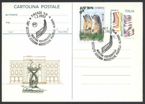 Item no. C64 (cancel)
Type: cancel
Country: Italy
Date of use: 1 February 2003
Cancel (CTO) on postcard commemorating the 150th anniversary of INSTITUTO (di) EDIZIONI ARTISTICHE FRATELLI ALINARI (The Alinari Bros Art Editions Institute) in Firenze (Florence, Italy). The Institute is a branch of Fratelli Alinari company and is called I.D.E.A. for short.
Item_no._c64__cancel_.jpg