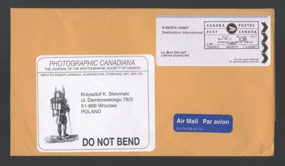 Item no. P505 (cover)
Country: Canada
Date of use: 21 September 2012
Business stationery (cover/mailer) used by the publishers and editors of PHOTOGRAPHIC CANADIANA, the journal of Photographic Society of Canada. The magazine provides information on all aspects of photographic history with a Canadian emphasis, and is published five times a year.
Item_no._p505__cover_.jpg