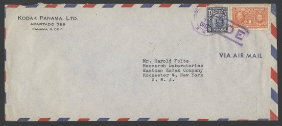Item no. P283 (cover)
Type: cover
Country: Panama
Date of use: 19 December 1947
Business stationery (cover) used by the company KODAK PANAMA, Ltd. The letter was used for international correspondence (to USA).
Item_no._p283__cover_.jpg