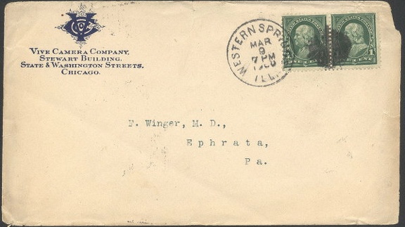 Item no. P120 (cover)
Type: cover
Country: USA
Date of use: 9 March 1900
Business stationery (cover) used by VIVE CAMERA COMPANY in Chicago (USA). The company (most active in the last decade of 19th Century) manufactured several types of cameras like: Folding B.B., M.P.C., Souvenir Camera.
Item_no._p120__cover_.jpg