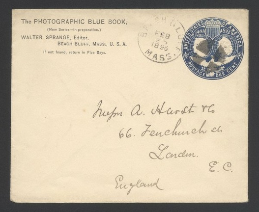 Item no. P418 (cover)
Type: cover
Country: USA
Date of use: 25 February 1896
Business stationery (cover) used by the publishers of THE PHOTOGRAPHIC BLUE BOOK in Beach Bluff (Massachusetts, USA). The Photographic Blue Book was a directory of societies of amateur photographers in the USA. It was published annually.
Item_no._p418__cover_.jpg