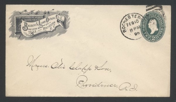Item no. P517 (cover)
Type: cover
Country: USA
Date of use: 10 February 1896
Business stationery (cover) used by the company Bausch & Lomb Optical Co. in Rochester (USA), manufacturer of variety of optical equipment (at the end of the 19th century – also photographic lenses and cameras).
Item_no._p517__cover_.jpg
