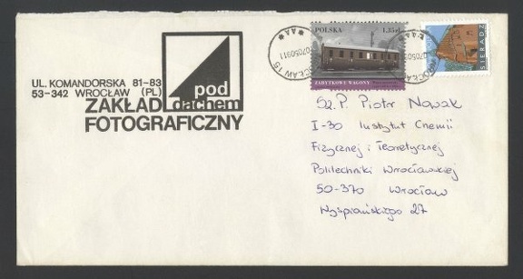 Item no. P450 (cover)
Type: cover
Country: Poland
Date of use: 7 May 20009
Business stationery (cover) used by photographic studio Zaklad Fotograficzny POD DACHEM (Studio Under Roof) in Wroclaw (Poland).
Item_no._p450__cover_.jpg