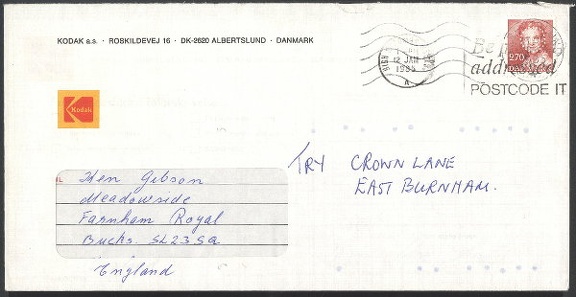 Item no. P108 (cover)
Type: cover
Country: Denmark
Date of use: 12 January 1985
Business stationery (cover) used by the company KODAK A.S. in Albertslund (Denmark), Danish branch of American company KODAK, manufacturer of photographic materials and equipment.
The postage stamp used is a perfin i.e. stamp bearing small round holes punched to form pattern of the company name's acronym, the letter K in circle.
Item_no._p108__cover_.jpg