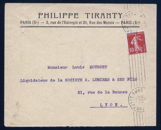 Item no. P487a (cover)
Type: cover
Country: France
Date of use: 2 November 1911
Business stationery (cover, front of) used by the company founded and owned by PHILIPPE TIRANTY (1883 – 1973) in Paris (France), one of the leading firms in photographic trade. The cover was addressed to Louis Rousset, liquidator of the company A. Lumiere & Sons. Back of the cover presents advertisement of a strut folding camera Nettel.
Item_no._p487a__cover_.jpg