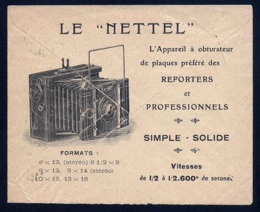 Item no. P487b (cover)
Type: cover
Country: France
Date of use: 2 November 1911
Business stationery (cover, back of) used by the company founded and owned by PHILIPPE TIRANTY (1883 – 1973) in Paris (France), one of the leading firms in photographic trade. The cover was addressed to Louis Rousset, liquidator of the company A. Lumiere & Sons. Back of the cover presents advertisement of a strut folding camera Nettel.
Item_no._p487b__cover_.jpg