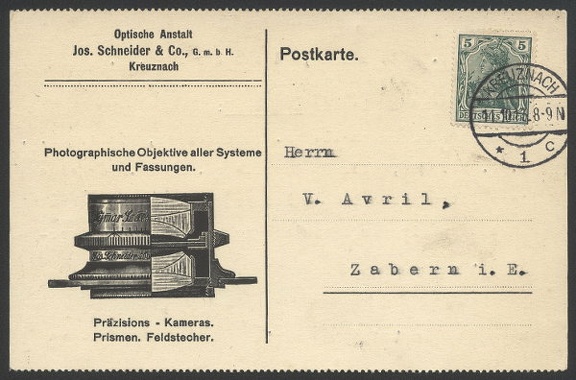 Item no. P89 (postcard)
Type: postcard
Country: Germany
Date of use: 11 October 1916
Postcard advertising optical products (photographic lenses of all systems and mounts) manufactured by the company JOS. SCHNEIDER & Co. GmbH in Kreuznach (Germany).
Item_no._p89__postcard_.jpg