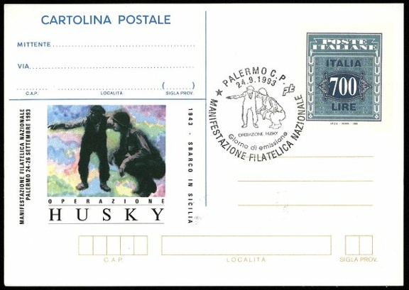 Item no. P73 (postcard)
Type: postcard
Country: Italy
Date of use: September 1993
Postal card (unused) issued on the occasion of Philatelic Exhibition in Palermo (Italy), that commemorated the WW II OPERATION HUSKY (Allied Forces' invasion of Sicily in 1943).
The cachet shows a stylized reproduction of Robert Capa's (1913 - 1954) photograph presenting Italian peasant pointing with a stick to an American soldier the way which German troops had gone.
The (CTO) cancel depressed on the postcard presents an outline of the same image.
Item_no._p73__postcard_.jpg