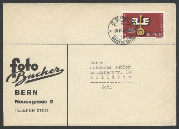 Item no. P288 (cover)
Type: cover
Country: Switzerland
Date of use: 30 March 1954
Business stationery (cover) used by the company FOTO BUCHER in Bern (Switzerland), wholesale and retail seller of picture and photographic books.
Item_no._p288__cover_.jpg