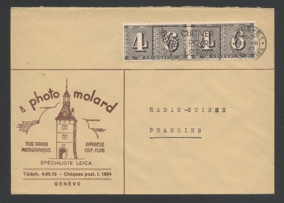Item no. P424 (cover)
Type: cover
Country: Switzerland
Date of use: 1943
Business stationery (cover) used by warehouse PHOTO MOLARD in Geneva (Switzerland), specializing in Leica cameras and equipment.
Item_no._p424__cover_.jpg