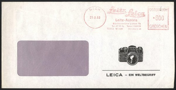 Item no. M93 (meter)
Type: frankmark
Country: Austria
Date of use: 25 August 1983
Meter advertising LEICA cameras and LEITZ products, used on business stationery (cover) of Austrian LEICA distributor LEITZ-AUSTRIA in Wien (Vienna).
Item_no._m93__meter_.jpg