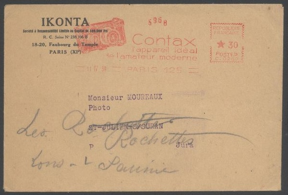 Item no. M179 (meter)
Type: frankmark
Country: France
Date of use: 11 April 1939
Meter advertising the CONTAX 35 mm camera with the slogan “An ideal camera for modern amateur”. The meter is printed on stationery used by IKONTA, a French branch of the German company ZEISS IKON.
Item_no._m179__meter_.jpg