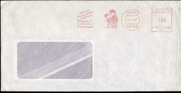 Item no. M28 (meter)
Type: frankmark
Country: Germany (West)
Date of use: 24 January 1987
Meter advertising Cornwall Photographica Auctions in Köln (Germany).
Item_no._m28__meter_.jpg