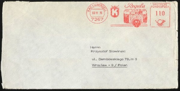 Item no. M40 (meter)
Type: frankmark
Country: Germany (West)
Date of use: 3 November 1970
Meter on cover advertising line of rangefinder cameras REGULA, manufactured by the company KING KG in Bad Liebenzell (Germany). The company KING KG was active 1950s - 1980s, until 1984 when it declared bankruptcy.
Item_no._m40__meter_.jpg