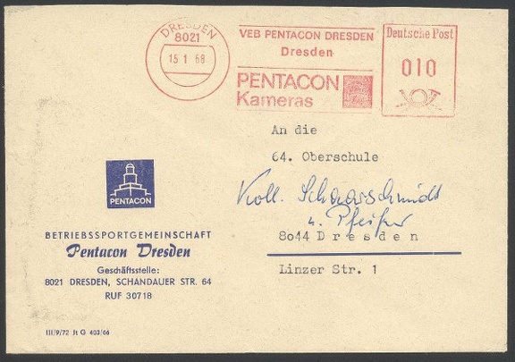 Item no. M98 (meter)
Type: frankmark
Country: DDR (German Democratic Republic)
Date of use: 15 January 1968
Meter advertising line of cameras manufactured by VEB PENTACON DRESDEN (DDR). The meter is stamped on one of the factory's business stationeries (cover).
Item_no._m98__meter_.jpg
