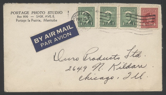 Item no. P611 (cover)
Type: cover
Country: Canada
Date of use: 25 May 1943
Business stationery used by the PORTAGE PHOTO STUDIO in Portage la Prairie (Manitoba, Canada).
Item no. P611 (cover).jpg
