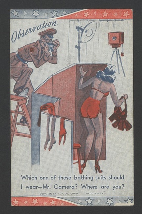 Item no. FP55 (funny postcard)
The caption reads: Which one of these bathing suits should I wear - Mr. Camera ? Where are you ? . Item no. FP55 (funny postcard).jpg