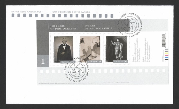Item no. P649 (cover)
Type: cover
Country: Canada
Date of use: 22 March 2013
Cover (FDC) with stamp issued to commemorate the 150TH ANNIVERSARY OF PHOTOGRAPHY in Canada. It bears a souvenir sheet with three stamps showing reproductions of photographs made by (I) THOMAS COFFIN DOANE, (II) by MARGARET WATKINS and (III) by GERALDINE MOODIE.
Item no. P649 (cover).jpg