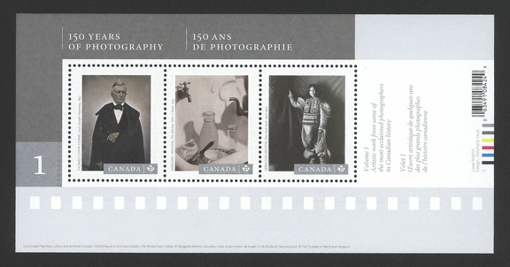Item no. S286 (sheet)
Type: stamp
Country: Canada
Date of issue: 22 March 2013
Catalog number:
Souvenir sheet “150 Years of Photography 1” with 3 stamps showing reproductions of photographs made by (I) THOMAS COFFIN DOANE (1814 – 1896) “Louis-Joseph Papineau”, (II) by MARGARET WATKINS (1884 – 1969) “The Kitchen sink”, and (III) by GERALDINE MOODIE (1854 – 1945) “Koo-tuck-tuck”.
Item no. S286 (stamp).jpg