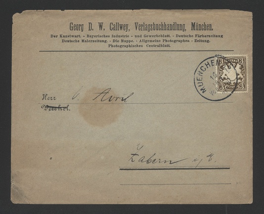 Item no. P712 (cover)
Type: cover
Country: Germany
Date of use: 18 January 1891
Business stationery used by GEORG D. W. CALLWEY in Munich (München, Germany), bookseller and publisher of various magazines and journals, among them photographic periodicals “Allgemaine Photographen-Zeitung” and “Photographisches Centralblatt”.
Item no. P712 (cover).jpg