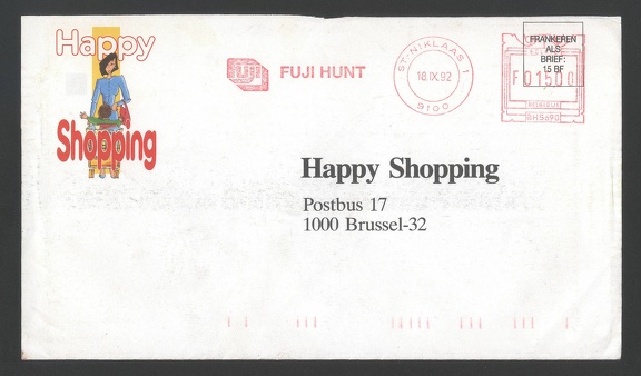 Item no. M274 (meter)
Type: frankmark
Country: Belgium
Date of use: 18 September 1992
Meter on cover advertising the company FUJI HUNT, a division of the company FUJIFILM, producing photographic chemicals. The Fuji Hunt company came into being in 1989 when photo division of Olin Hunt Specialty Products in was sold to Fuji Photo Film Co. in Toyo (Japan). The Olin Hunt Specialty Products was made when the Hunt Chemicals plant in Sint-Niklaas (Belgium) was acquired by Olin Corporation. Hunt Chemicals was a company founded in 1905 in Brooklyn (New York, USA) to produce chemicals for photography.
Item no. M274 (meter).jpg