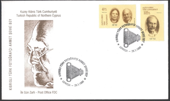 Item no. P691 (cover)
Type: cover
Country: Cyprus (Turkish)
Date of use: 28 January 1998
Catalog numbers: Michel nos. 465 – 466; Scott nos. 450 - 451
FDCover with 2 stamps honoring AHMET SEVKI (1874-1959), pioneer of photography in Cyprus, and his wife ISMET SEVKI (1884-1957), who also was a photographer.
Item no. P691 (cover).jpg