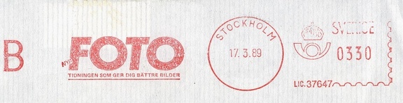 Item no. M285 (meter)
Type: frankmark
Country: Sweden
Date of use: 17 March 1989
Meter advertising photographic journal (Nya) FOTO as a “Magazine that gives better photographs”.
Item no. M285 (meter).jpg