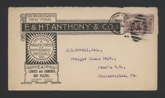 Item no. P770a (cover)
Type: cover
Country: USA
Date of use: 25 May 1894
Business stationery (cover, front of) used by the company E. & H. T. ANTHONY & Co. in New York (USA), the largest supplier and distributor of photographic supplies in the USA in 19th century. In the years 1870 – 1902 the Company published monthly magazine ANTHONY’S PHOTOGRAPHIC BULLETIN. The company manufactured also two cameras of their own design – inexpensive box camera BUCKEYE and a bellows one – MARLBOROUGH.
Item no. P770a (cover).jpg