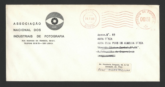 Item no. P878 (cover)
Type: cover
Country: Portugal
Date of use: 29 July 1983
Business stationery (cover) used by NATIONAL ASSOCIATION OF INDUSTRIAL PHOTOGRAPHY (ANIF - Associação Nacional dos Industriais de Fotografia) in Lisbon (Lisboa, Portugal). The Association is an organization aiming to study, promote and defend interests, collective or individual, related to the industry and trade of photographic arts.
Item no. P878 (cover).jpg