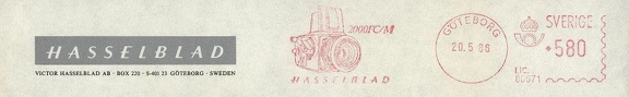 Item no. M315 (meter)
Type: frankmark
Country: Sweden
Date of use: 20 May 1986
Red meter stamped on part of business stationery used by the company VICTOR HASSELBLAD AB in Göteborg (Sweden), manufacturer of middle format (6 x 6 cm.) SLRs. The meter shows an image of a 2000FC/M model Hasselblad camera.
Item no. M315 (meter).jpg