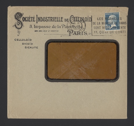 Item no. P883 (cover)
Type: cover
Country: France
Date of use: 25 October 1926
Business stationery (cover) used by the company SOCIÉTÉ INDUSTRIELLE DE CELLULOID in Paris (France), manufacturer of various celluloid products, also film base for photography and cinema.
Item no. P883 (cover).jpg