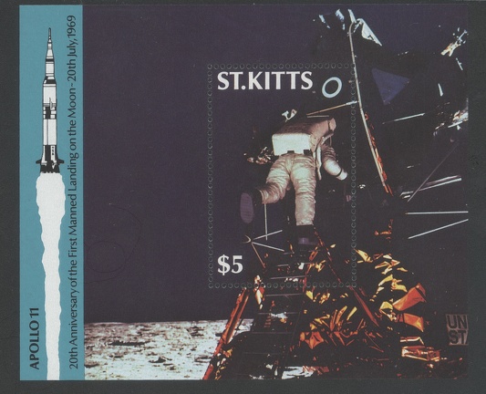 Item no. S348 (stamp)
Type: stamp
Country: St. Kitts
Date of issue: 20 July 1989
Catalog number: Scott 252 of (248 – 252)
Stamp of a 4-stamp set (+ 1 souvenir sheet) issued to commemorate 20th anniversary of the first manned Moon landing (1969) by US mission Apollo 11. It presents reproduction of a photograph taken by the mission commander NEIL ARMSTRONG of EDWIN “BUZZ” ALDRIN, pilot of Lunar Module (LM) “EAGLE” descending a ladder from the Module.
Item no. S348 (stamp).jpg