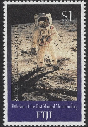 Item no. S363 (stamp)
Type: stamp
Country: Fiji
Date of issue: 20 July 1999
Catalog number: Scott 855 (of 853 – 856)
Stamp of a 4-stamp set issued to commemorate 30th anniversary of the first manned Moon landing (1969) by US mission Apollo 11. It presents reproduction of a photograph taken by the mission commander NEIL ARMSTRONG of EDWIN “BUZZ” ALDRIN, pilot of Lunar Module (LM) “EAGLE”.
Item no. S363 (stamp).jpg