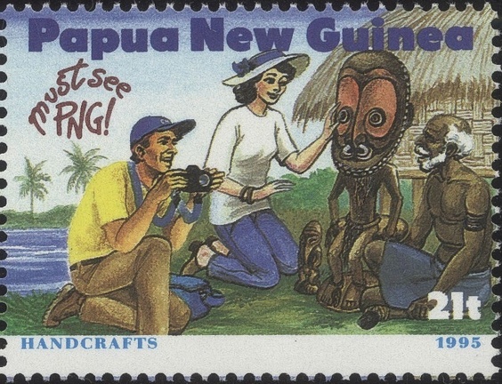 Item no. S364 (stamp)
Type: stamp
Country: PNG (Papua New Guinea)
Date of issue: 11 January 1995
Catalog number: Scott 853 (of 852 – 859)
Stamp “Handicraft“ of a 8-stamp set TOURISM. It shows pair of tourists (one with a camera) viewing handicraft made by local artist.
Item no. S364 (stamp).jpg