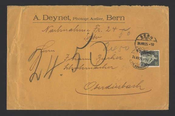 Item no. P993 (cover)
Type: cover
Country: Switzerland
Date of use: 24 July 1925
Business stationery (cover) used by the photographic studio A. DEYNET in Bern (Switzerland).
Item no. P993 (cover).jpg