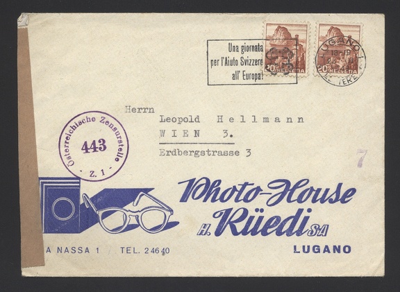 Item no. P1040 (cover)
Type: cover
Country: Switzerland
Date of use: 23 March 1949
Business stationery (cover) used by PHOTO-HOUSE H. Rüedi S.A. in Lugano (Switzerland), photographic studio and shop. The cover bears Austrian censorship stamp used during and, for some time, after WW II.
Item no. P1040 (cover).jpg
