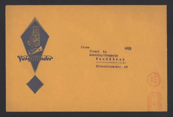 Item no. P1110a (cover)
Type: cover
Country: Germany
Date of use: 24 August 1935
Business stationery (cover/mailer, front of) used by the company VOIGTLÄNDER & Sohn Aktiengesellschaft in Braunschweig (Germany), manufacturer of photographic lenses and cameras, the oldest name in this field of production.
Item no. P1110a (cover).jpg