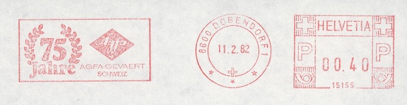 Item no. M128 (meter)
Type: frankmark
Country: Switzerland
Date of use: 11 February 1982
Meter (on a cut-out), used by the company AGFA-GEVAERT SCHWEIZ, an AGFA branch in Dübendorf (Switzerland), commemorating the 75th Anniversary of AGFA. Helvetia meter AGFA 75 JAHRE 82.jpg
