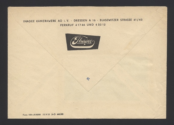 Item no. P1102b (cover)
Type: cover
Country: Germany (DDR)
Date of use: 18 July 1961
Business stationery (cover, back of), used by the company IHAGEE Kamerawerk AG in Dresden (Germany), with meter advertising manufactured SLR cameras EXAKTA Varex and EXA.
Item no. P1102b (cover).jpg