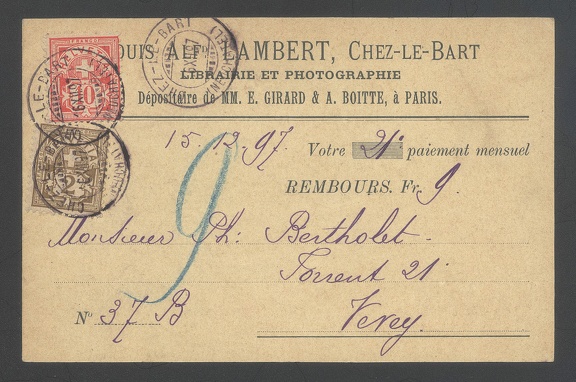 Item no. P1124 (postcard)
Type: cover
Country: Switzerland
Date of use: 6 December 1897
Business stationery (postcard) used by the agent of the company GIRARD & BOITTE of Paris (France) in Chez-Le-Bart (Switzerland). The company was founded in 1885 and its successor J. Girard & Co. manufactured several models of folding cameras bearing common names “Le Radieux” and “Le Rêve”.
Item no. P1124 (postcard).jpg