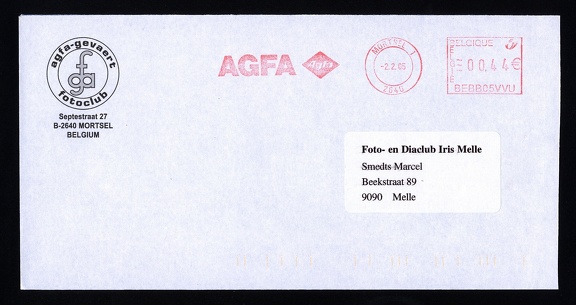 Item no. P1176 (cover)
Type: cover
Country: Belgium
Date of use: 2 February 2005
Business stationery (cover) used by the AGFA-GEVAERT FOTOCLUB in Mortsel (Belgium). The letter was addressed to Foto- en Diaclub IRIS Melle “Center for image expression”, in Melle (Belgium), and it bears frankmark advertising the company AGFA.
Item no. P1176 (cover).jpg
