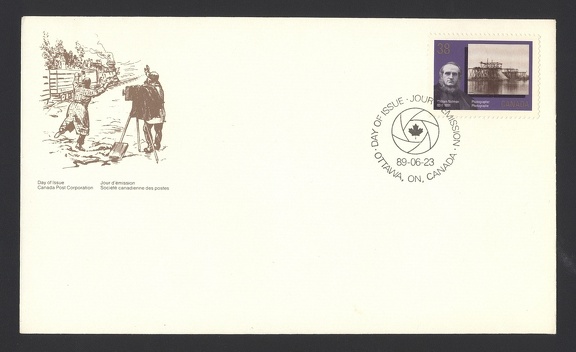 Item no. P1184 (cover)
Type: cover
Country: Canada
Date of issue: 23 June 1989
FDCover with stamp, of 4-stamp set 150 Years of Canadian Photography , honoring WILLIAM NOTMAN (1826 – 1991), Canadian photographer. It shows portrait of W. Notman and reproduction of one of his works.
Item no. P1184 (cover).jpg