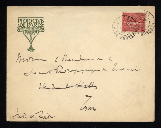 Item no. P1300 (cover)
Type: cover
Country: France
Date of use: 21 January 1897
Business stationery (cover) used by the PHOTO-CLUB de PARIS. The Club was founded in 1888 and created by members who seceded from the Société de Francaise de Photographie and it included influential photographers including Robert Demachy and Constant Puyo. From 1891, under the presidency of Maurice Bucquet (c.1860–1921), it was dedicated to the cultivation of photography as a fine art. In 1894 they hosted one of the most lavish and international of the artistic photographic salons of the late nineteenth century.
Item no. P1300 (cover).jpg