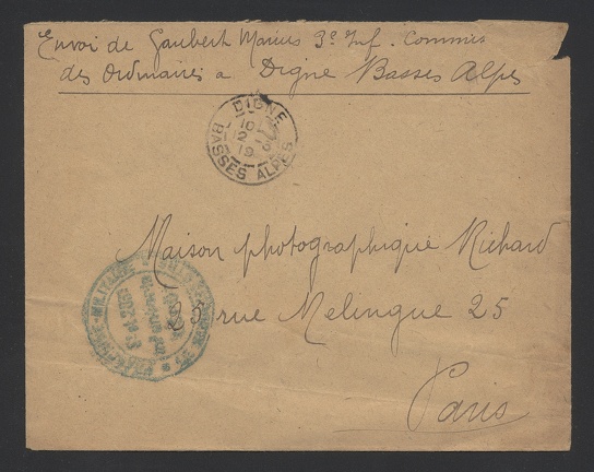 Item no. P1341 (cover)
Type: cover
Country: France
Date of use: 12 March 1919
Cover (front part of) of a letter addressed to JULES RICHARD (1848 – 1930) “Maison photographique” in Paris (France), manufacturer of stereoscopic cameras (e.g. Vérascope and Glyphoscope), and various scientific instruments. In 1923 he founded private Technical College in Paris (Lycée Technologique privé), where trained were also future workers for his factory.
Item no. P1341 (cover).jpg