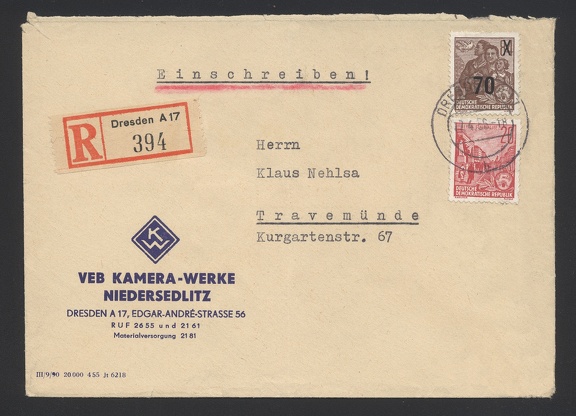 Item no. P1378a (cover)
Type: cover
Country: Germany/DDR
Date of use: 17 April 1956
Business stationery (cover of a registered letter, front of) used by the company VEB KAMERA–WERK NIEDERSEDLITZ, a DDR-nationalized version of former KW Kamera Werkstätten Guthe & Thorsch G.m.b.H. in Dresden (Germany), camera manufacturer. The company has been established in 1919 and, in 1938 taken over by Charles A. NOBLE, entrepreneur from Detroit (Michigan, USA), and the factory moved to Niedersedlitz (district of Dresden). It was nationalized in 1945 by East Germany authorities and later became part of an organization VEB Pentacon Dresden.
Item no. P1378a (cover).jpg