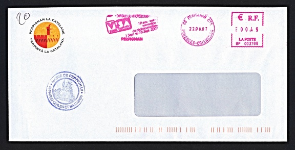 Item no. P1411 (cover)
Type: cover
Country: France
Date of use: 22 August 2007
Business stationery (cover, with relevant red meter) used by the organizers of “VISA pour l’Image” - Intl. Festival of Photojournalism in Perpignan (France), the most important cultural event (exhibitions, meetings, conferences, evening screenings) on photojournalism held annually for 15 days (from end of August to mid-September).
Item no. P1411 (cover).jpg