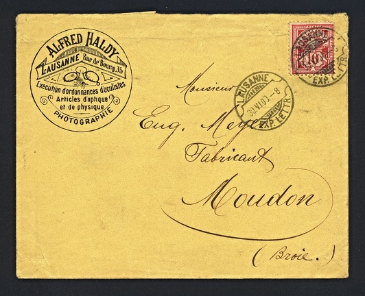 Item no. P1428 (cover)
Type: cover
Country: Switzerland
Date of use: 30 June 1900
Business stationery (cover) used by the optical shop ALFRED HALDY in Lausanne (Switzerland), dealing with glasses, optical devices and photographic materials and equipment.
Item no. P1428 (cover).jpg