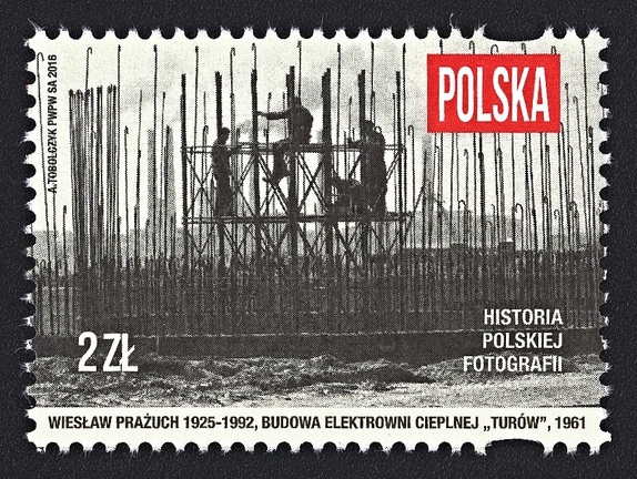 Item no. S549 (stamp)
Type: stamp
Country: Poland
Date of issue: 23 March 2016
Catalog number:
Stamp (IV) of a 4-stamp set History of Polish Photography , presenting reproduction of a photograph “Budowa elektrowni cieplnej ‘Turow’” (“Construction of a thermal power plant ‘Turow’”), taken (1961) by WIESLAW PRAZUCH (1925 – 1992), Polish photojournalist.
Item no. S549 (stamp).jpg