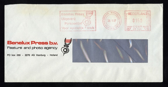 Item no. P1480 (cover)
Type: cover
Country: The Netherlands
Date of use: 26 January 1987
Business stationery (cover, with relevant advertising frankmark) used by BENELUX PRESS B.V. Feature and Photo Agency in Voorburg (The Netherlands).
Item no. P1480 (cover).jpg
