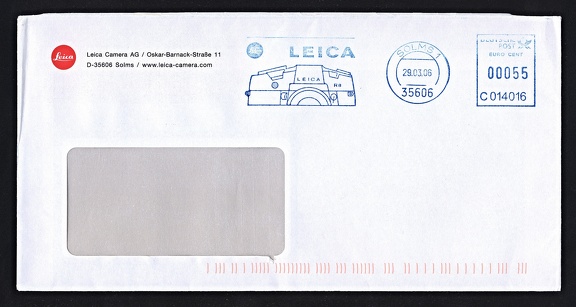 Item no. P1471 (cover)
Type: cover
Country: Germany
Date of use: 29 March 2006
Business stationery (cover with advertising frankmark) used by the company LEICA CAMERA AG in Solms (Germany), manufacturer of rangefinder and SLR cameras. The company originally named LEITZ and previously based in Wetzlar (Germany), in 1986 changed its name to LEICA and moved the camera factory to a nearby town Solms.
Item no. P1471 (cover).jpg